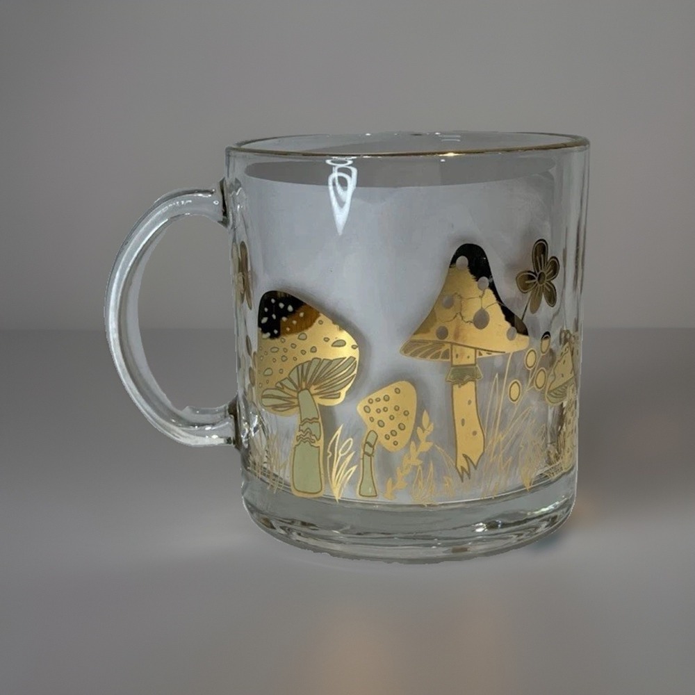Glass Mug Real Gold Foil Mushroom 4" Tea Coffee TikTok Retro *AS IS READ*
